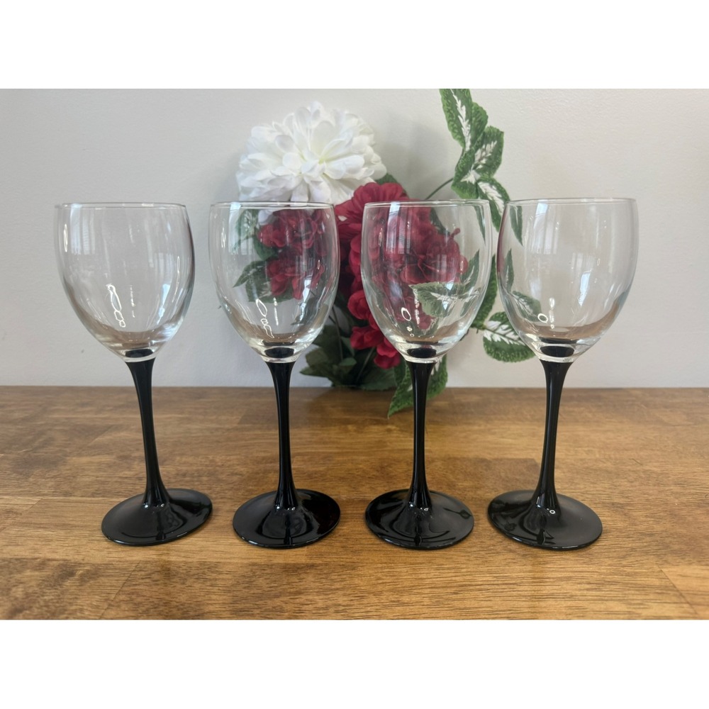 Vintage Luminarc France Black Stem Wine‎ Glasses Clear Bowl Glossy Black Base